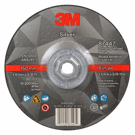 3M Depressed Center Grinding Wheel, Type 27, 6 in Dia, 0.25 in Thick, 5/8"-11 Arbor Hole Size, Ceramic 87447