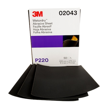 3M Wetordry Sheet, 02043, P220gr, 9"x11i, PK250 02043
