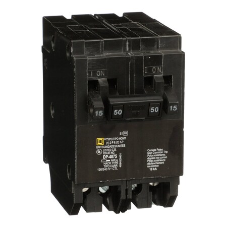 Square D Miniature Circuit Breaker, HOMELINE Series, 15A, 2x1, 1x2 Pole, 120/240V AC, 10kA at 120V AC HOMT1515250