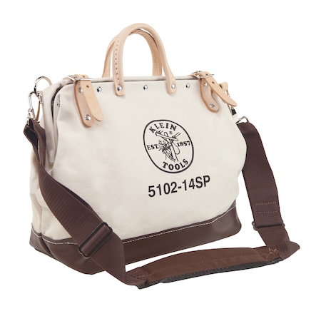 Klein Tools Wide-Mouth Tool Bag, Heavy Duty Canvas, 10 Pockets, Brown/Tan 5102-14SP