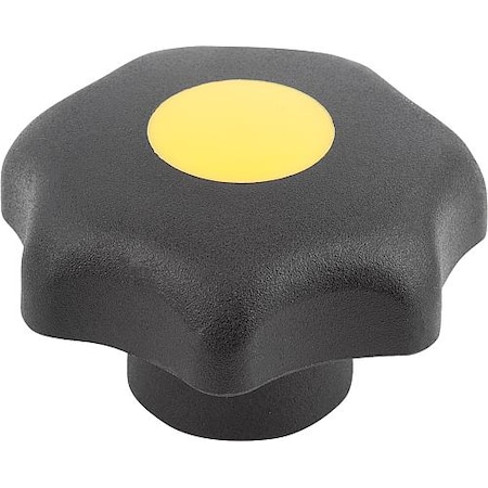 Kipp Star Grip, DIN 6336 Similar, D=M05, D1= 32, Tapped Bushing, Steel, Black Plastic, Cap: Yellow K0155.20517