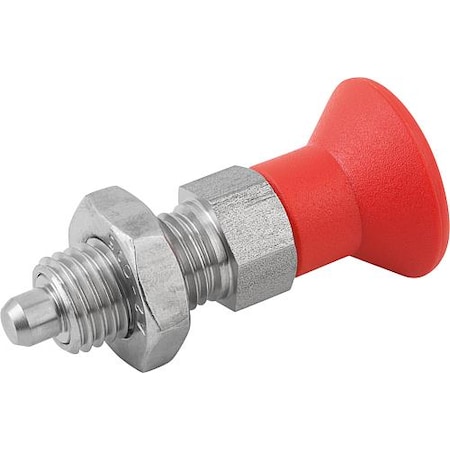 Kipp Indexing Plunger Red D1= 3/4-16, D=12, Style B, Non-Lockout w Locknut, Stainless Steel Hardened K0338.02412AO84