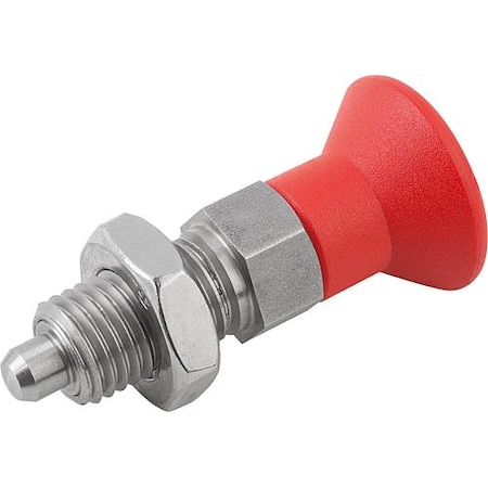 KIPP Indexing Plunger Red D1= 3/4-10, D=10, Style B, Non-Lockout w Locknut, Stainless Steel Not Hardened K0338.12410A784