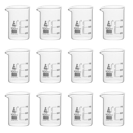Eisco Scientific Beakers, 12-Pk - 100mL, Borosilicate Glass, 25mL graduations Low form BK0105