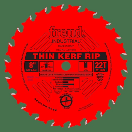 Freud Thin Kerf Rip Blade, 8" x 22T LU87R008