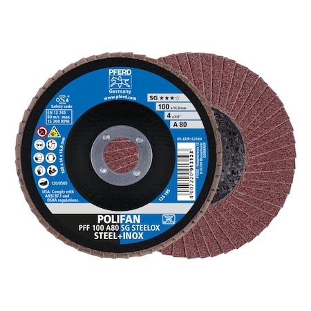 Pferd 4 x 5/8" A.H. POLIFAN Flap Disc - A SG STEELOX, Aluminum oxide, 80 Grit, Flat 62144
