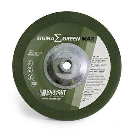 Rex Cut Sigma Green Max Grinding Wheel, 7 x 1/4 x 5/8-11", 36Grit 739153