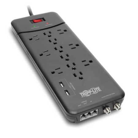 Tripp Lite Power Strip, Surge, Coax, USB, 5-15R, 5-15P, 8 ft., Black TLP128TTUSBB