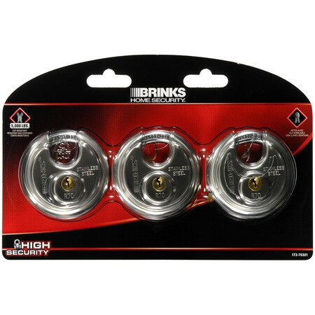 Lucchetti A Disco BRINKS 173-70301, Confezione Da 3, Corpo E Grillo In Acciaio Inossidabile, Cilindro A 4 Pin, Diametro 70 Mm