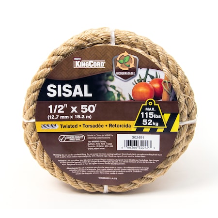 Kingcord 1/2 in. x 50 ft. Natural Twisted Sisal Rope 302491BGV1