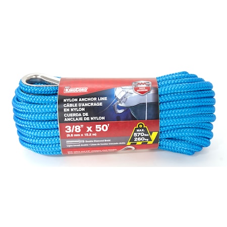 Kingcord 3/8 in. x 50 ft. Blue Nylon Double Braid Anchor Line with Thimble 459011BG