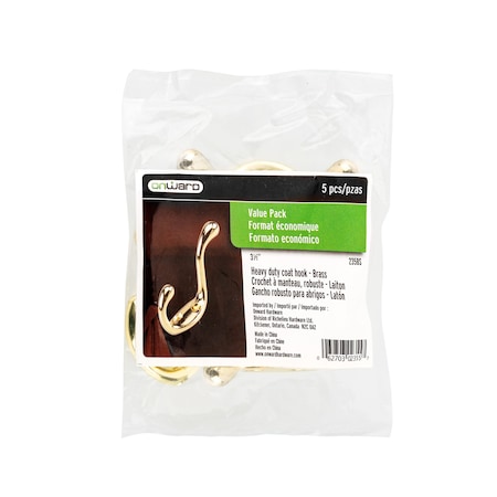 Onward 3 38inch HeavyDuty Utility Metal Coat Hook, Brass Finish, 5PK 235BS