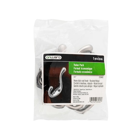 Onward 3 38inch HeavyDuty Utility Metal Coat Hook, Brushed Nickel Finish, 5PK 235NBS