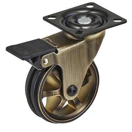 Richelieu Aluminum Single Wheel Vintage Caster, Swivel with Brake, with Plate, Rustic Brass 81000202AB90