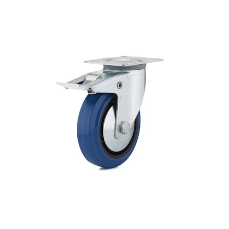 Richelieu Industrial Blue Elastic Rubber Caster, Swivel with Double-Lock Brake, with Plate, Blue F08339
