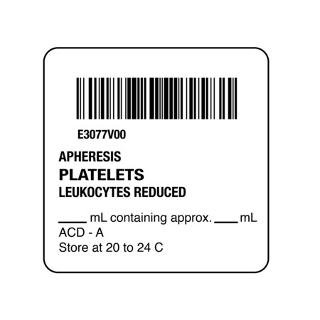 Nevs ISBT 128 Apheresis Platelets Leukocytes Reduced 2" x 2" BBC-3077 ...