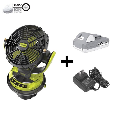 24V, 2.0Ah Portable 3-Speed, Rot. Univ. Bucket Top Misting Fan w/Bucket & Hose
