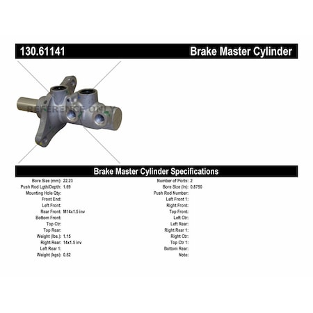 Centric Parts Premium Master Cylinder - Preferred, 130.61141 130.61141