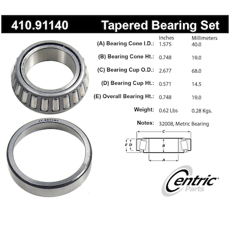 Centric Parts Wheel Bearing And Race Set, 410.91140 410.91140