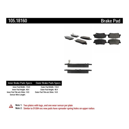 Centric Parts Disc Brake Pad Set 2016-2018 Kia Sorento 2.0L, 105.18160 105.18160