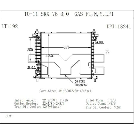 Tyc Radiator 2010-2011 Cadillac SRX, 13241 13241