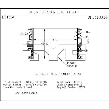 Tyc Radiator 2013-2014 Ford Fusion 1.6L, 13321 13321