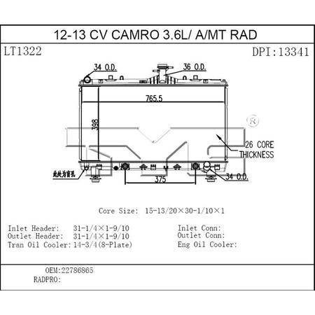 Tyc Radiator 2012-2015 Chevrolet Camaro, 13341 13341