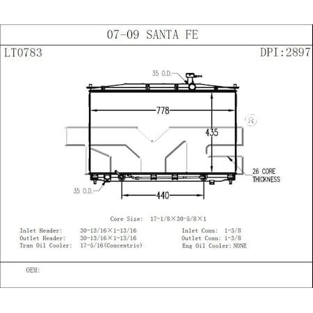 Tyc Radiator 2007-2009 Hyundai Santa Fe 2.7L 3.3L, 2897 2897