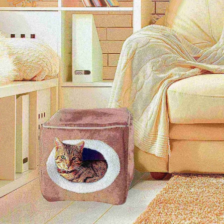 Pet Adobe Cozy Cave Enclosed Cube Pet Bed - Light Coffee