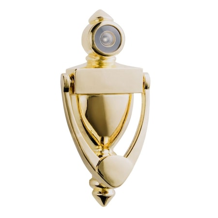 Hardware Essentials 7-Inch Bright Brass Door Knocker With Viewer – Solid Brass, Decorative, Engravable