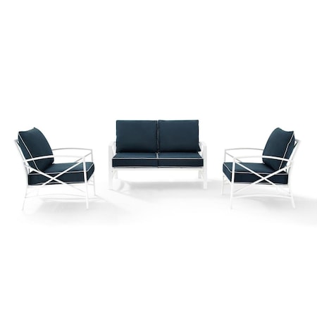 Crosley Furniture Kaplan 3-Piece Outdoor Seating Set in White with Navy ...