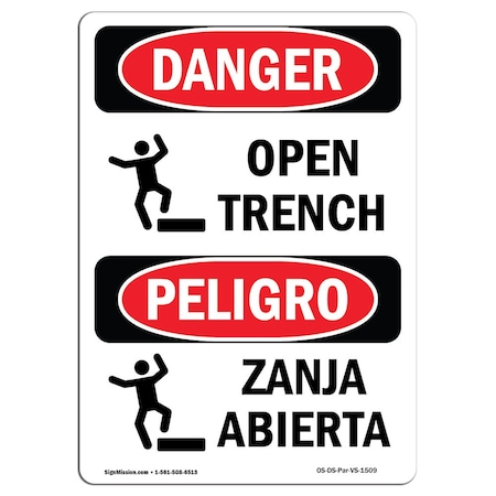 Signmission OSHA Danger Sign, Open Trench, 10in X 7in Decal, 7" W, 10 ...