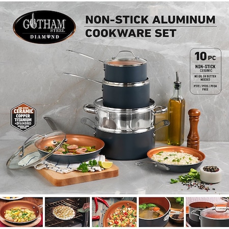 Gotham Steel GOTHAM STEEL 1129 Cookware Set, Aluminum, Black, 10 