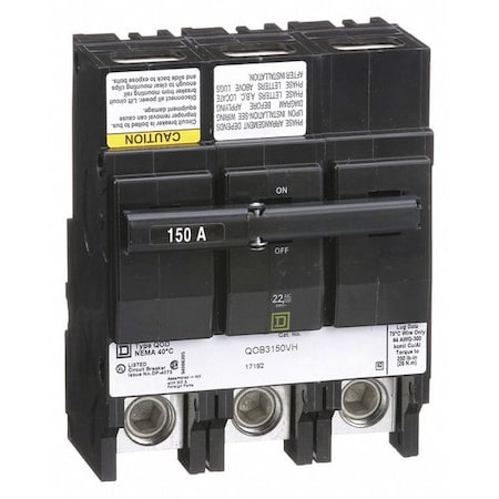 Square D Miniature Circuit Breaker, QO Series, 150A, 3 Pole, 120/240V AC, 22kA at 120/240V AC QOB3150VH