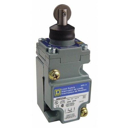 Telemecanique Sensors Heavy Duty Limit Switch, Plunger, Roller, 1NC/1NO, 10A at 600V AC, Actuator Location: Top 9007C52D