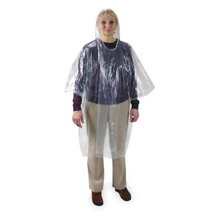 Condor Disposable Rain Poncho, Clear, Polyethylene, Pull-On, 40 in Lg, 0.02 mm Thick, 24 Per Pack 2ELD5