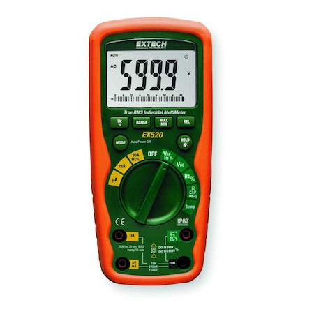 EXTECH Digital Multimeter, 1,000 Max. AC Volts, 1,000 Max. DC Volts, 20 Max. AC Amps, 20 Max. DC Amps EX520