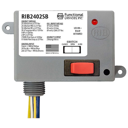 Functional Devices-Rib Enclosed Pre-Wired Relay, 20A at 277VAC, SPST RIB2402SB
