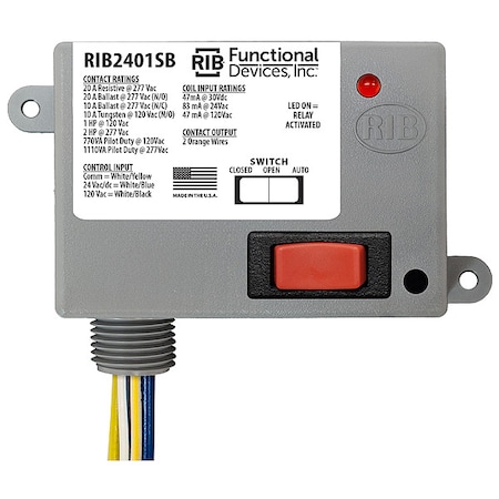 Functional Devices-Rib Enclosed Pre-Wired Relay, 20A at 277VAC, SPST RIB2401SB