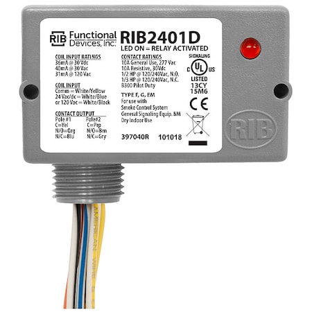 Functional Devices-Rib Enclosed Pre-Wired Relay, 10A at 30VDC, DPDT, NEMA Enclosure Type: 1 RIB2401D