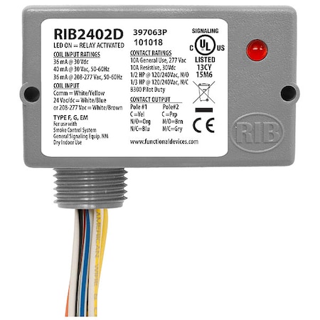 Functional Devices-Rib Enclosed Pre-Wired Relay, 10A at 30VDC, DPDT RIB2402D