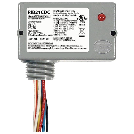 Functional Devices-Rib Enclosed Pre-Wired Relay, 10A at 30VDC, SPDT RIB21CDC