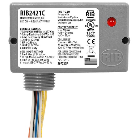 Functional Devices-Rib Enclosed Pre-Wired Relay, 10A at 30VDC, SPDT RIB2421C