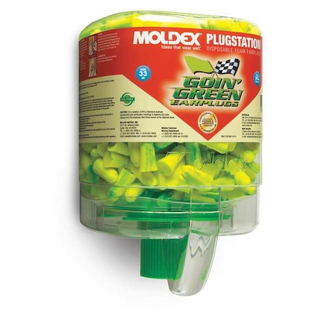 Moldex Goin' Green Ear Plugs with Dispenser, Foam, Bullet, 33 dB NRR, Uncorded, 250 Pairs Per Pkg 6646