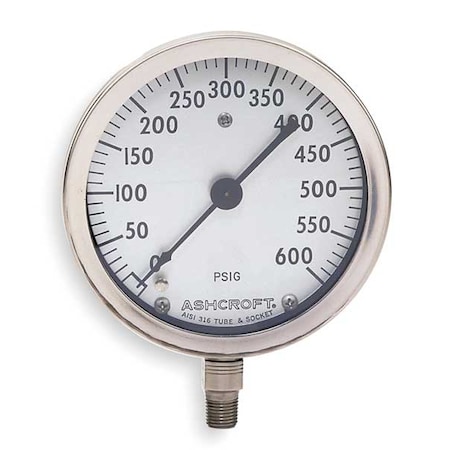 Ashcroft Industrial Pressure Gauge, 0 to 600 psi, 4 1/2 in Dial, 1/4 in NPT, Bottom Location 45-1009A 02L 600 PSI
