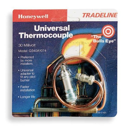 Honeywell Home Thermocouple, LP/NG, 18 to 30 mV, 36 in L., Standard Coaxial, Adapter, Push-In Clip Q340A1090