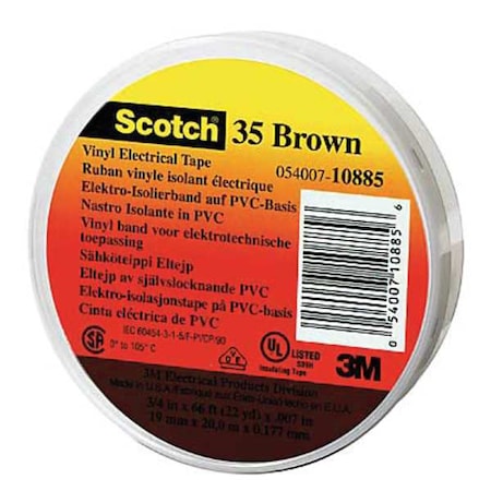 3M ElectricalTape, Bwn, 6-5/8ydL, 1/2inW, PK100 35-BROWN-1/2X20FT