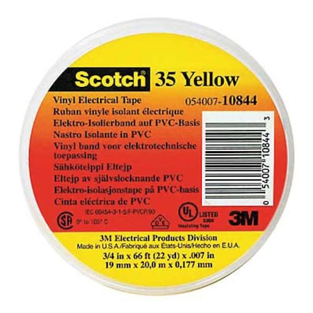 3M ElectricalTape, Ylw, 6-5/8ydL, 1/2inW, PK100 35-YELLOW-1/2X20FT