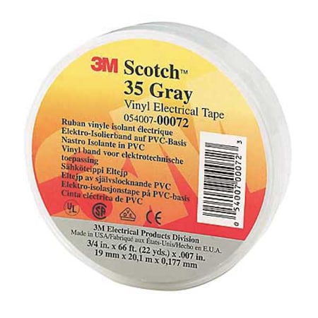 3M ElectricalTape, Gry, 6-5/8ydL, 1/2inW, PK100 35-GRAY-1/2X20FT