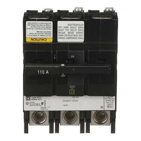 Square D Miniature Circuit Breaker, QO Series, 110A, 3 Pole, 120/240V AC, 22kA at 120/240V AC QOB3110VH